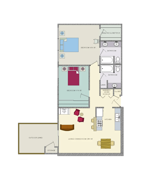 Floor plan for 2 beds, 2 baths, 1086 sqft